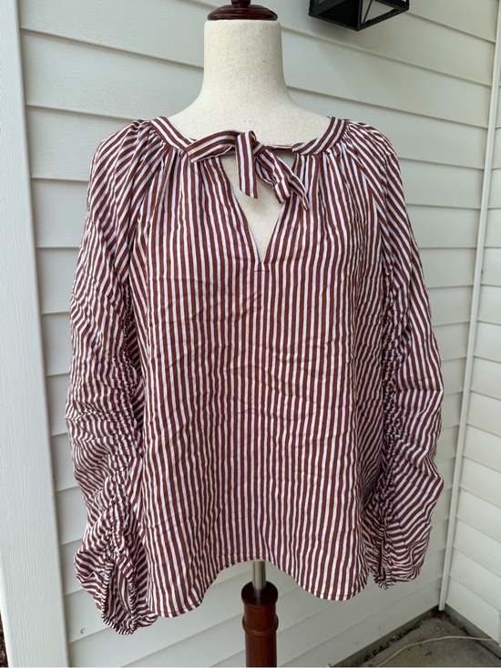 LOFT Tops - LOFT Women’s XL Rust White Stripe Tie Neck Peasant Blouse Ruched Sleeve Top